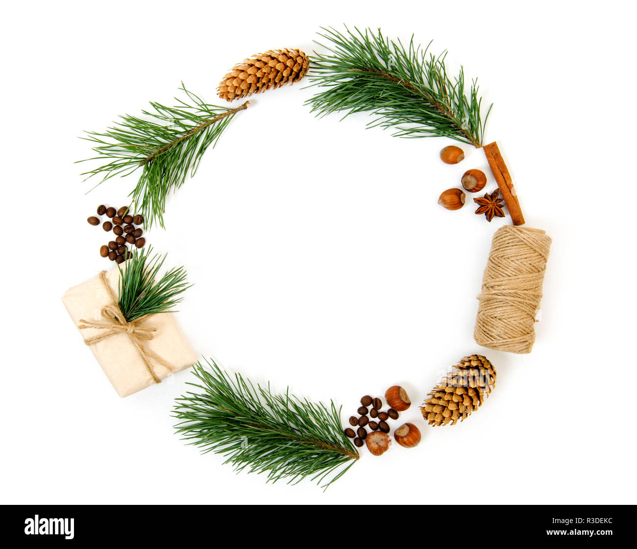 Christmas round frame made of natural winter things.Christmas, winter, new year concept. Flat lay, top view. Stock Photo