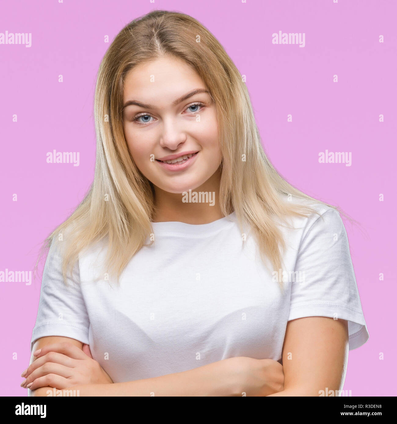 Young caucasian woman over isolated background happy face smiling with ...
