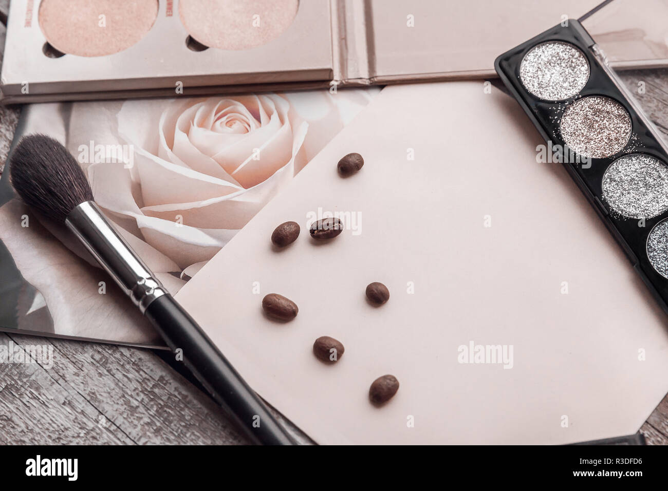 Image of cosmetic make up flat lay pink background copy space text beauty graphic content Stock Photo