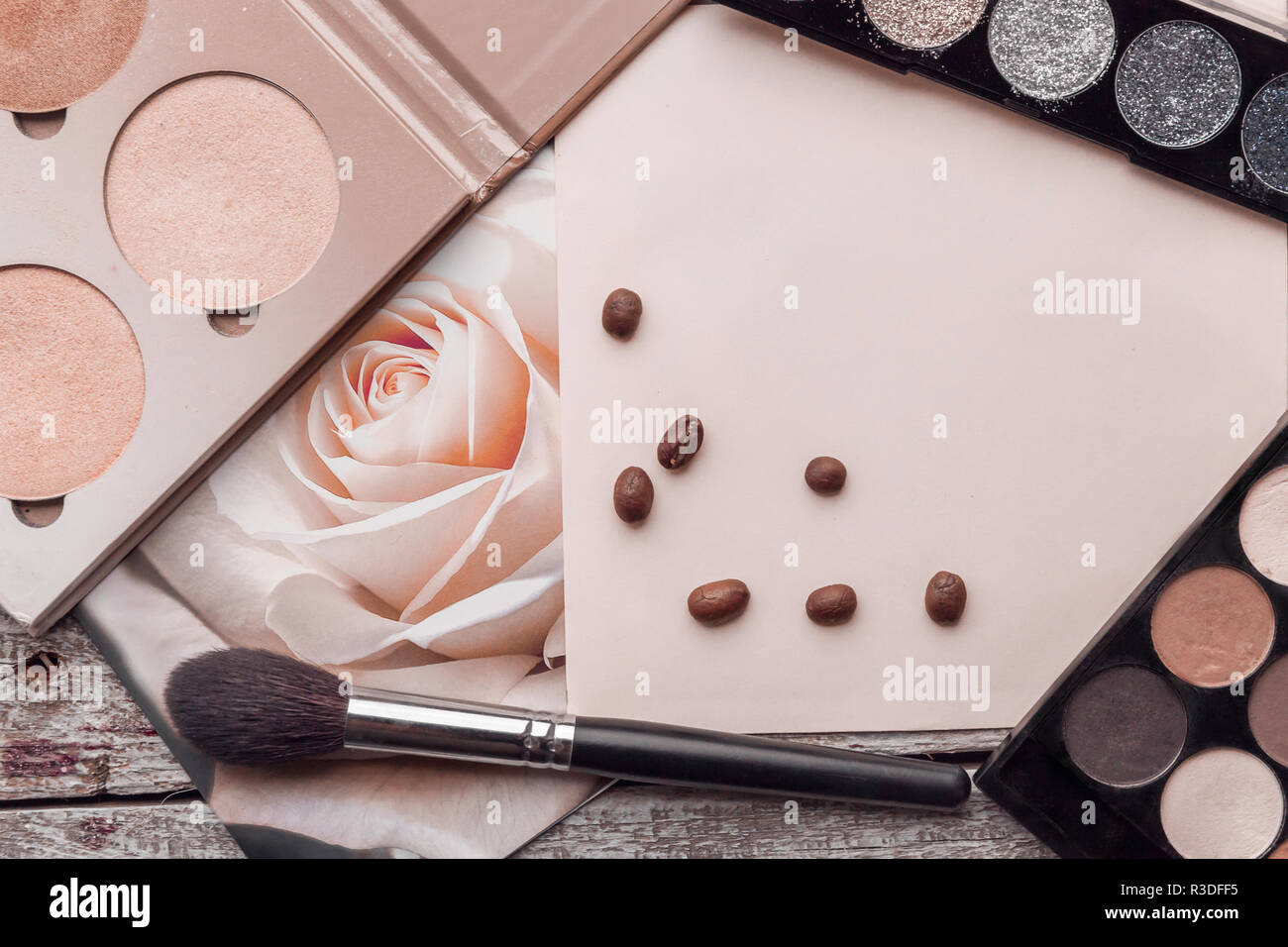 Image of cosmetic make up flat lay pink background copy space text beauty graphic content Stock Photo