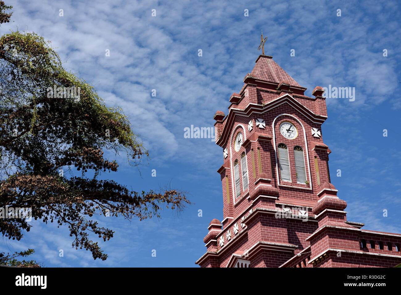 The church tower of the Iglesia San Carlos de Borromeo in the Plaza of San Carlos, The church was built between 1930 and 1940. Stock Photo