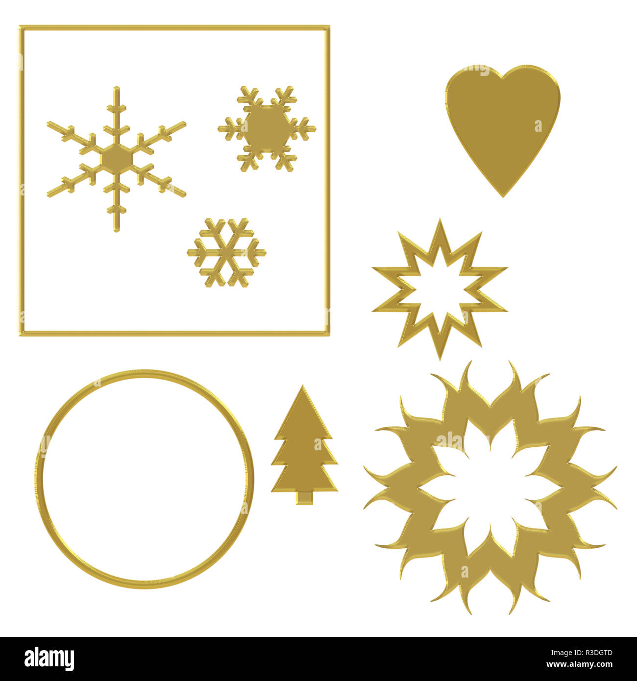 Assorted festive elements with gold effect, isolated on white background with chiselled effect fancy edge. Heart, circle, snowflake, star, Christmas tree etc. Stock Photo