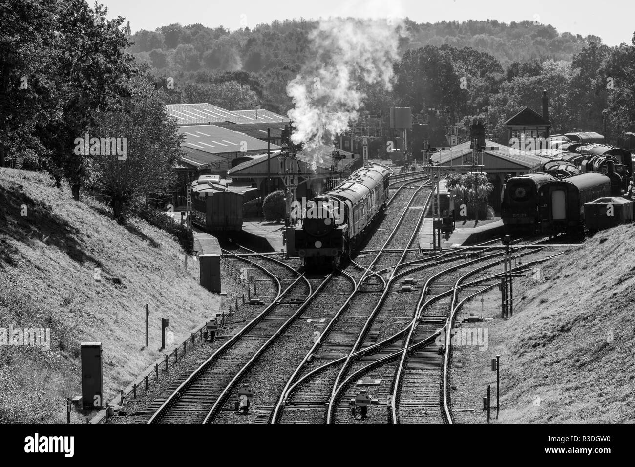 Black and white of railway at  Horsted station Stock Photo