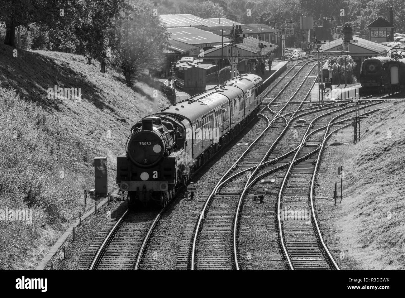 Black and white of railway at  Horsted station Stock Photo