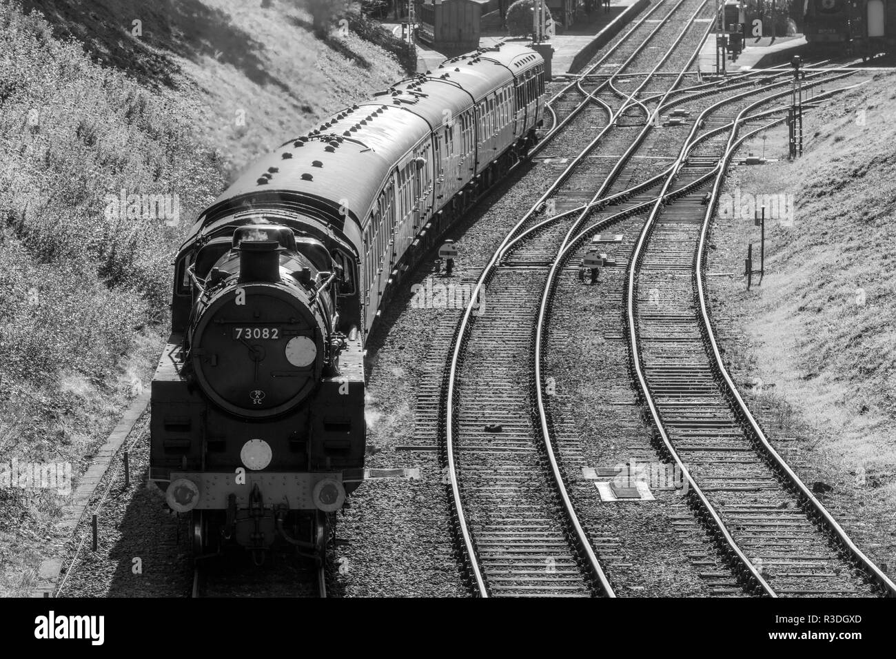 Black and white of railway at  Horsted station Stock Photo