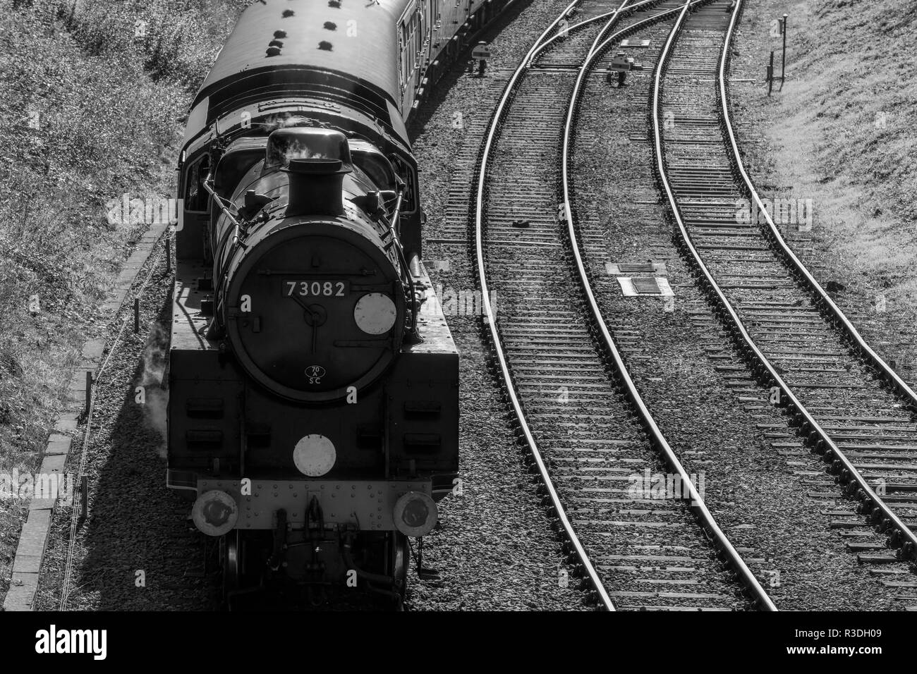 Black and white of railway at  Horsted station Stock Photo