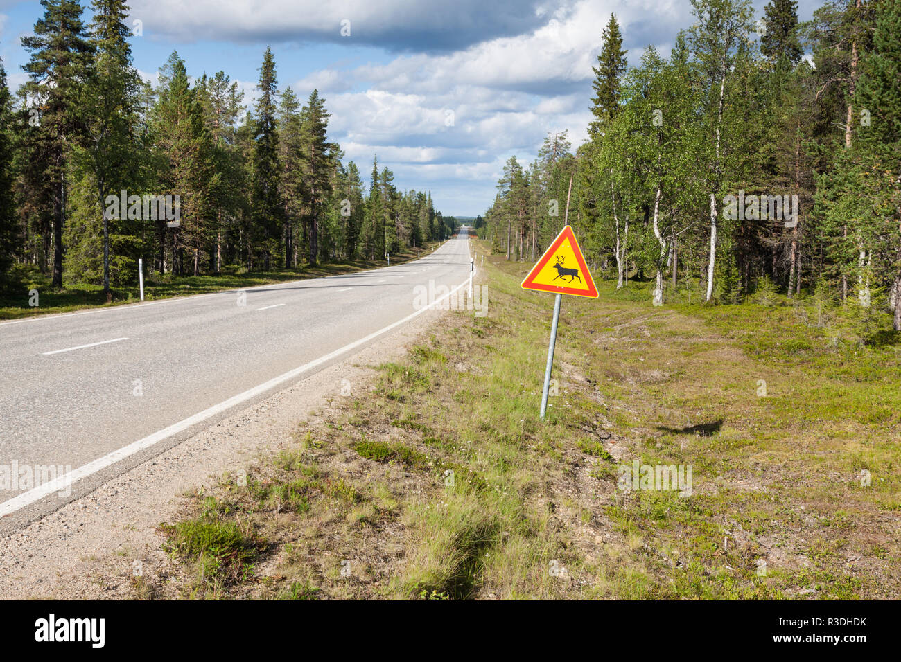 beautiful scenic road in norway. typical warning road sign Stock Photo