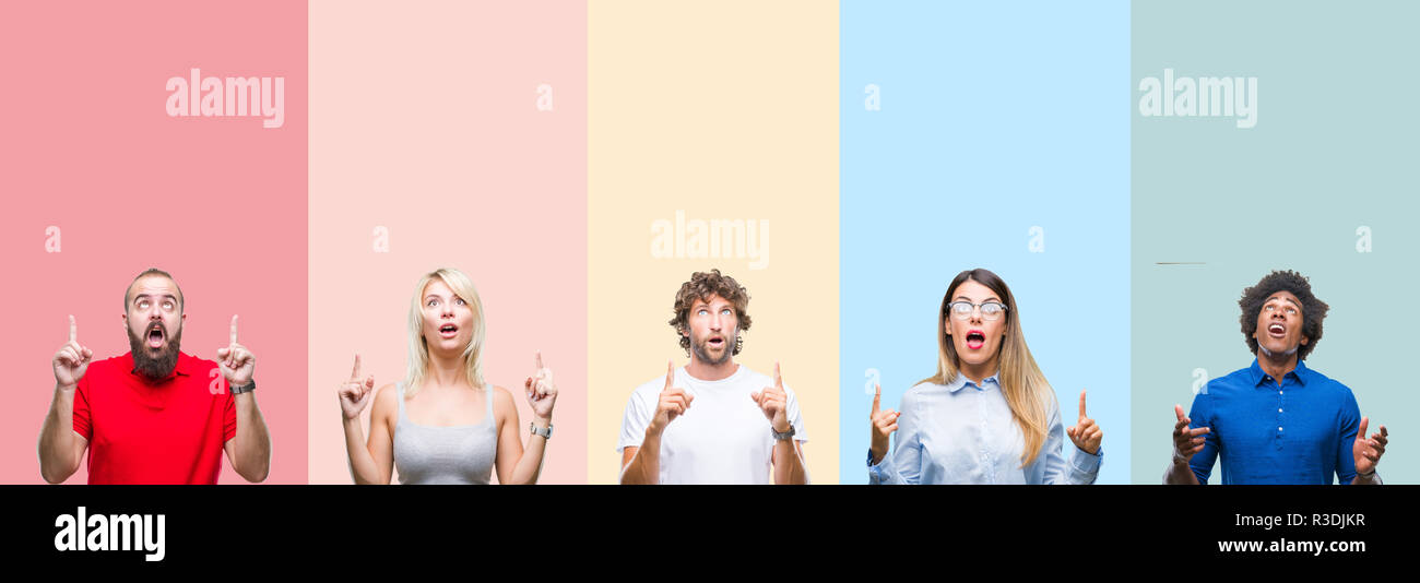 Collage of group of young people over colorful vintage isolated ...