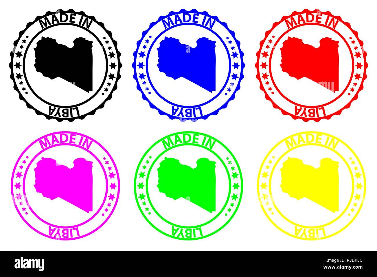 Made in Libya - rubber stamp - vector, Libya map pattern - black, blue, green, yellow, purple and red Stock Vector