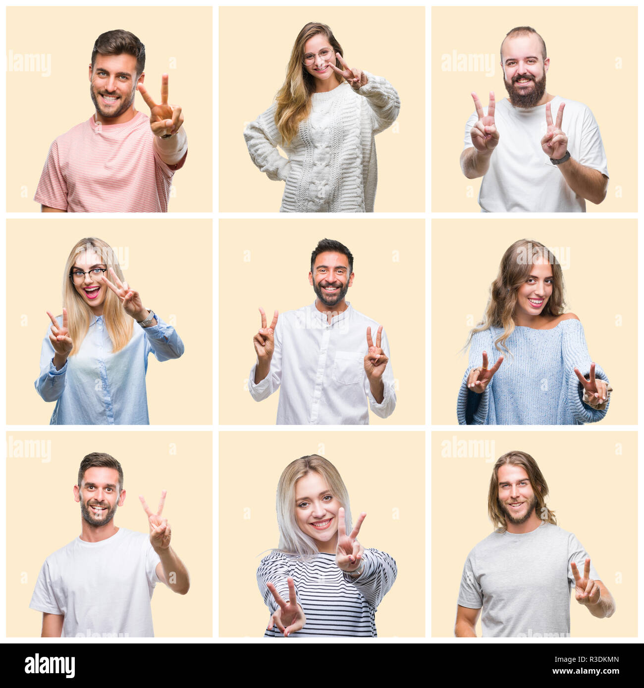 Collage of group people, women and men over colorful yellow isolated