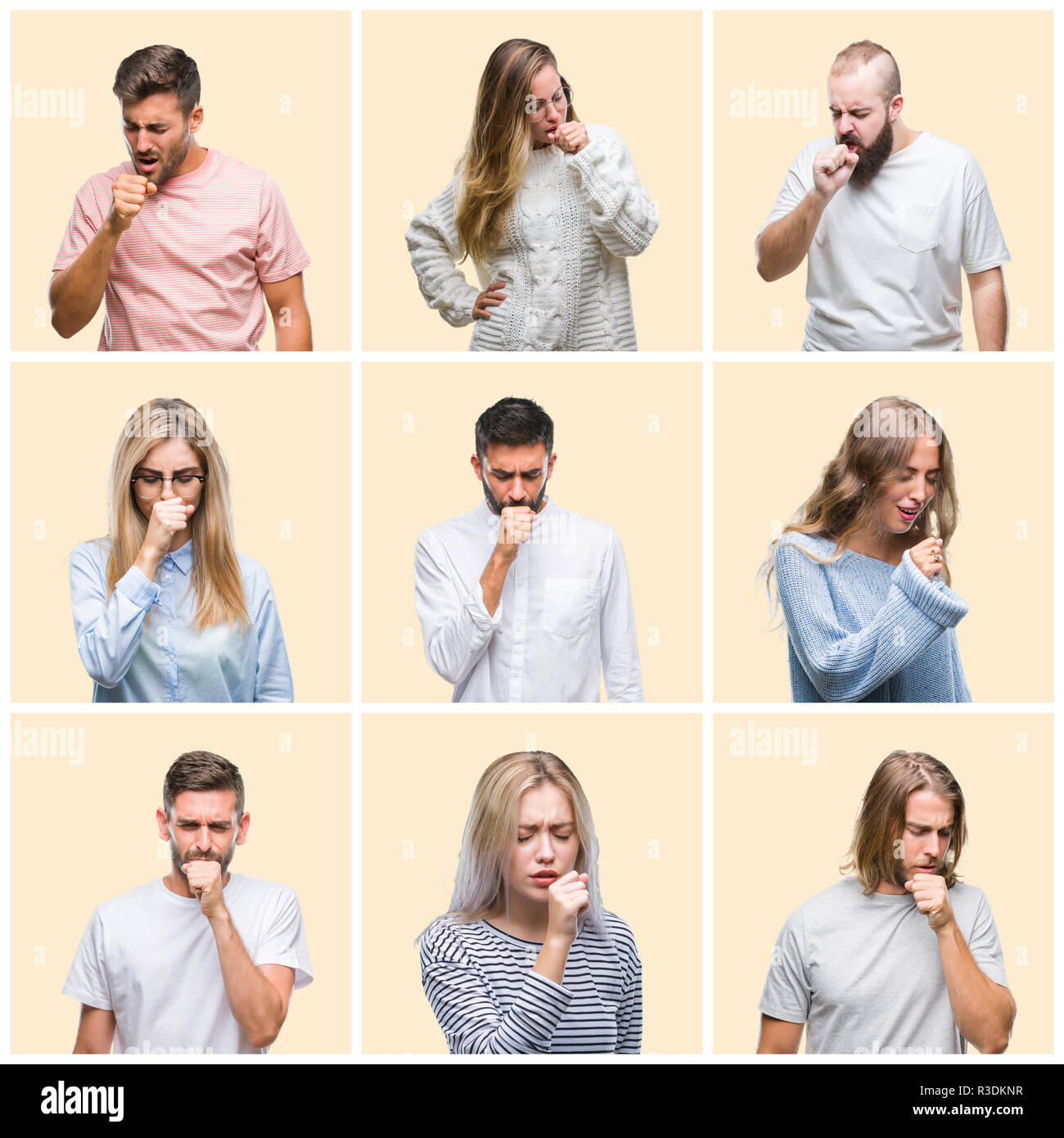 Collage of group people, women and men over colorful yellow isolated ...