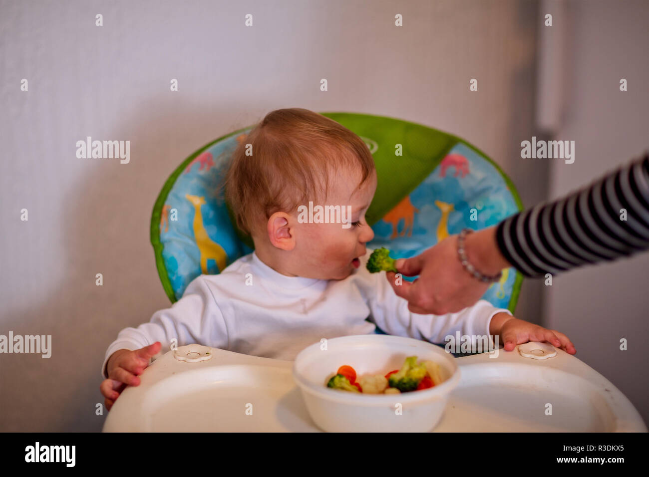 Beautiful baby boy refuses to eat vegetable Stock Photo Alamy