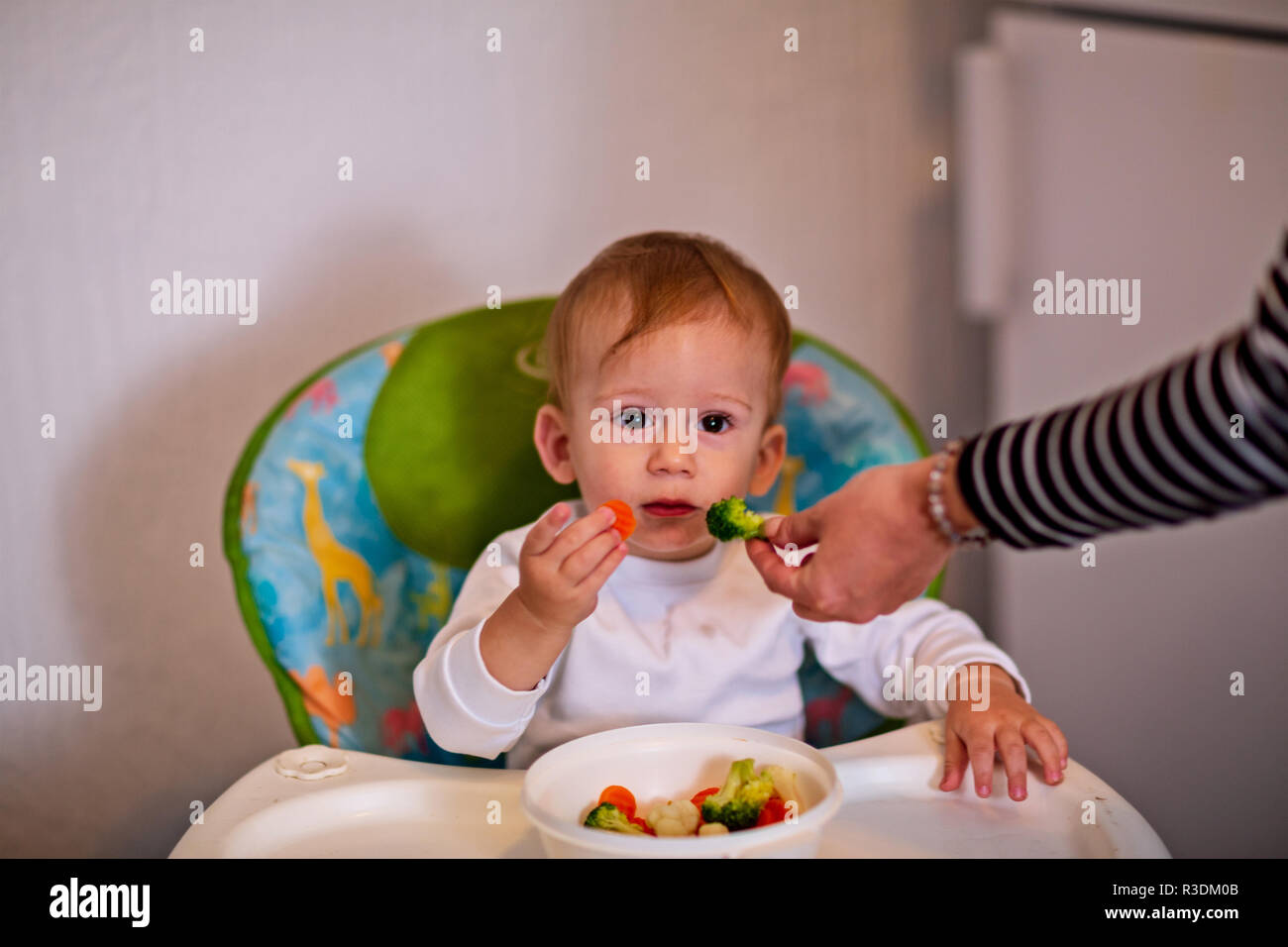 vegetable food for infant. Children eat vegetables. Baby boy eating