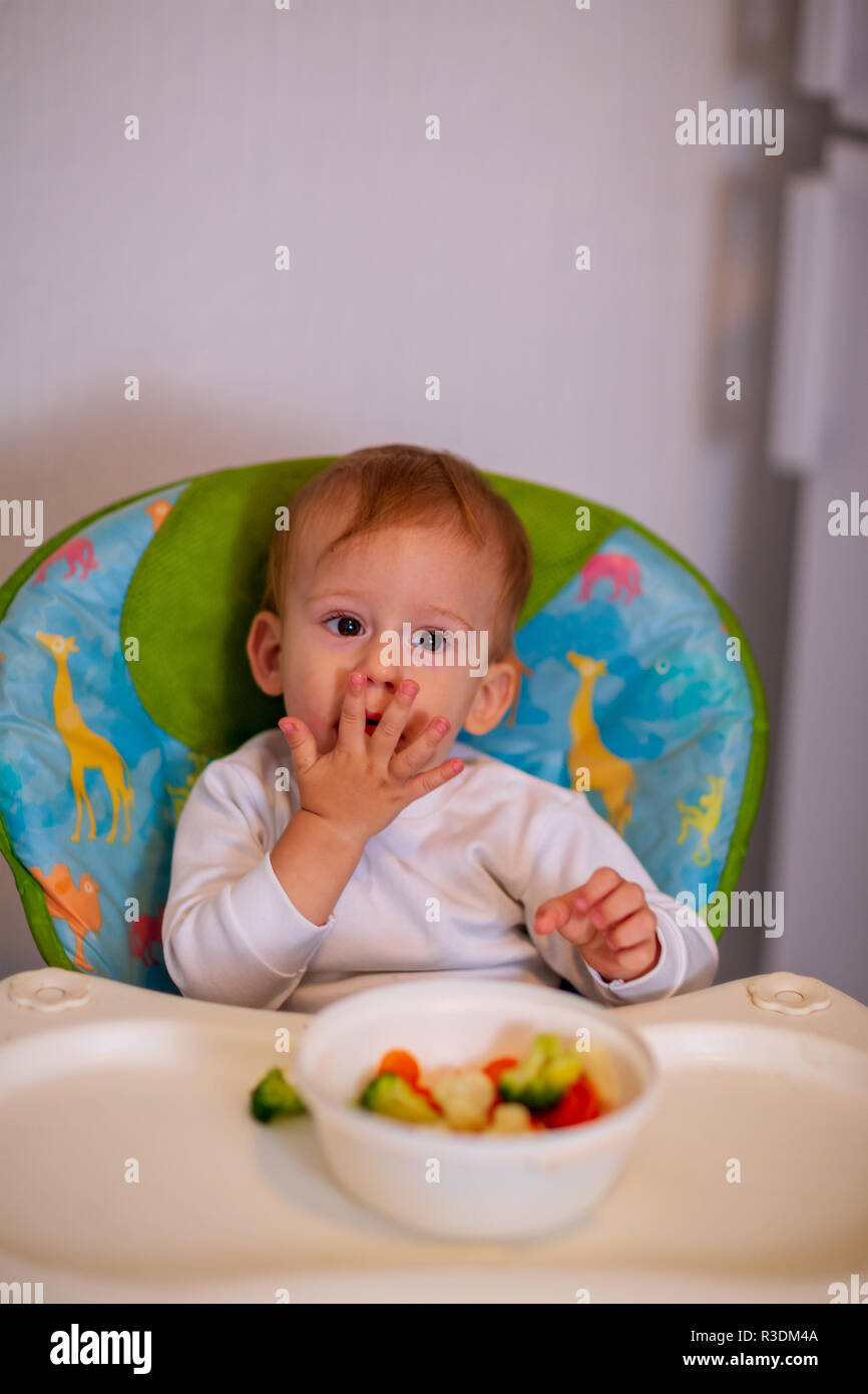 Children eat vegetables. Baby boy eating healthy vegetables Stock Photo