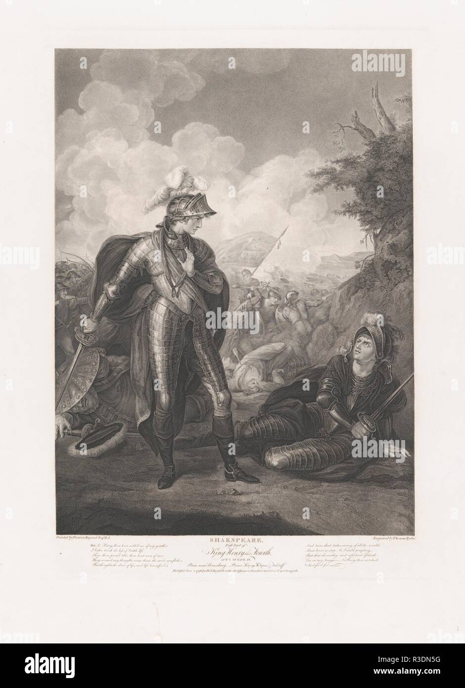 Prince Henry, Hotspur and Falstaff (Shakespeare, King Henry IV, Part 1, Act 5, Scene 4). Artist: After John Francis Rigaud (British (born Italy), Turin 1742-1810 Packington). Dimensions: Plate: 22 7/16 × 16 5/8 in. (57 × 42.3 cm)  Sheet: 27 5/8 × 21 7/8 in. (70.2 × 55.5 cm). Engraver: Thomas Ryder I (British, 1746-1810). Publisher: John & Josiah Boydell (British, 1786-1804). Series/Portfolio: Boydell's Shakespeare Gallery. Subject: William Shakespeare (British, Stratford-upon-Avon 1564-1616 Stratford-upon-Avon). Date: 1796. Museum: Metropolitan Museum of Art, New York, USA. Stock Photo