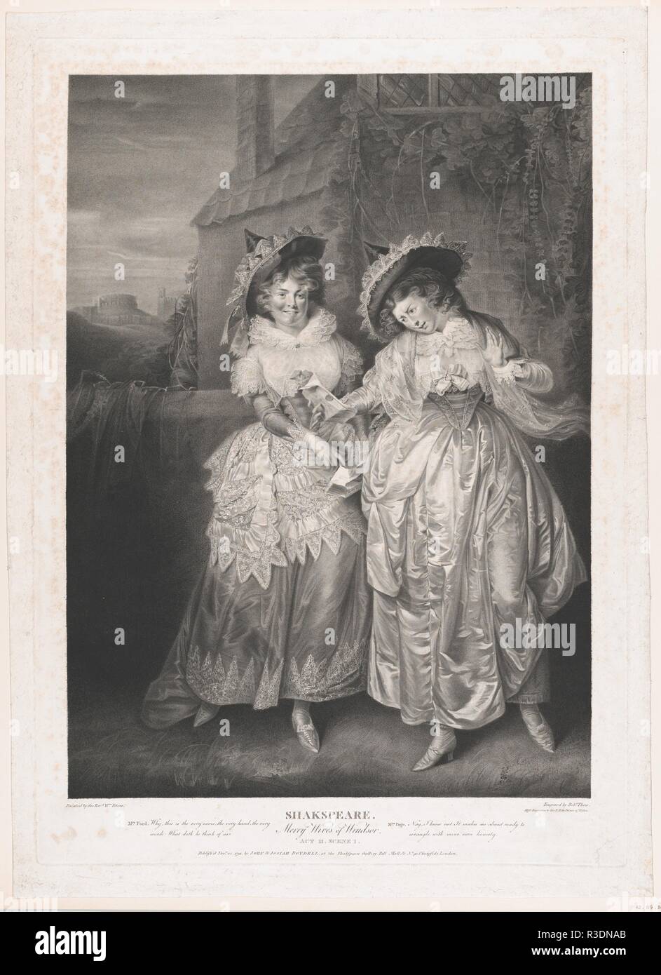 Mrs. Ford and Mrs Page (Shakespeare, Merry Wives of Windsor, Act 2, Scene 1). Artist: After Matthew William Peters (British, Freshwater, Isle of Wight 1742-1814 Brasted, Kent). Dimensions: Plate: 25 1/4 × 18 in. (64.2 × 45.7 cm)  Sheet: 27 1/16 × 19 1/2 in. (68.7 × 49.5 cm). Engraver: Robert Thew (British, Patrington 1758-1802 Stevenage). Publisher: John & Josiah Boydell (British, 1786-1804). Series/Portfolio: Boydell's Shakespeare Gallery. Subject: William Shakespeare (British, Stratford-upon-Avon 1564-1616 Stratford-upon-Avon). Date: 1793. Museum: Metropolitan Museum of Art, New York, USA. A Stock Photo