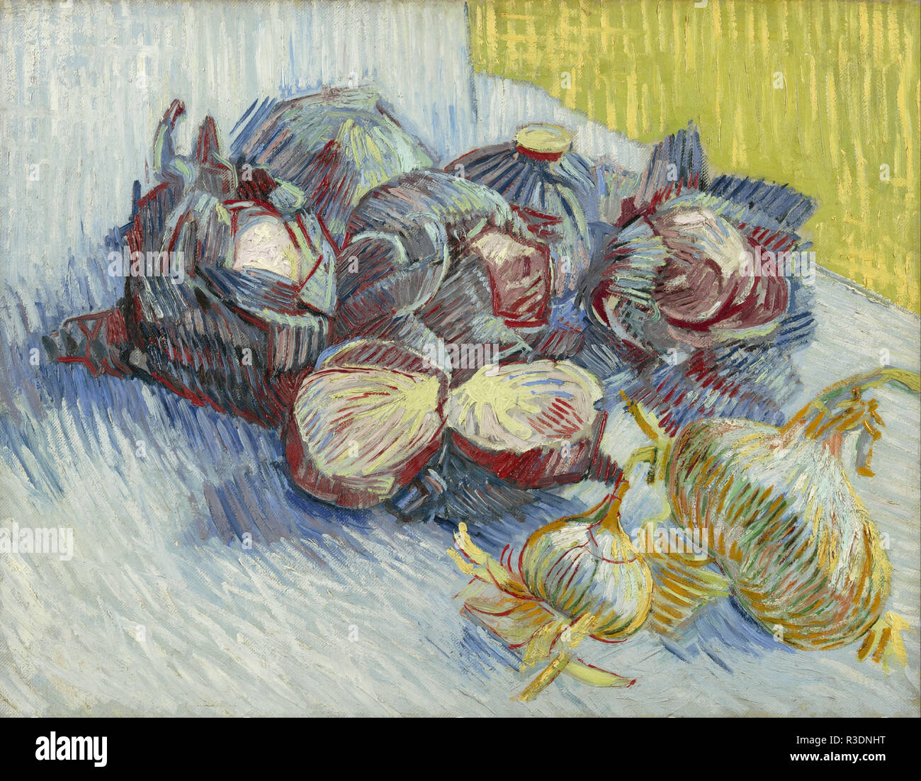 Red cabbages and onions. Date/Period: October 1887 - November 1887. Painting. Oil on canvas. Author: VINCENT VAN GOGH. VAN GOGH, VINCENT. Stock Photo