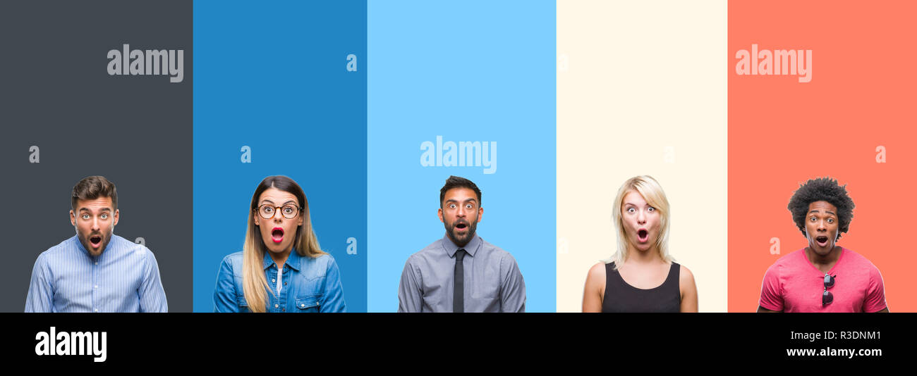 Collage of group of young people over colorful vintage isolated ...