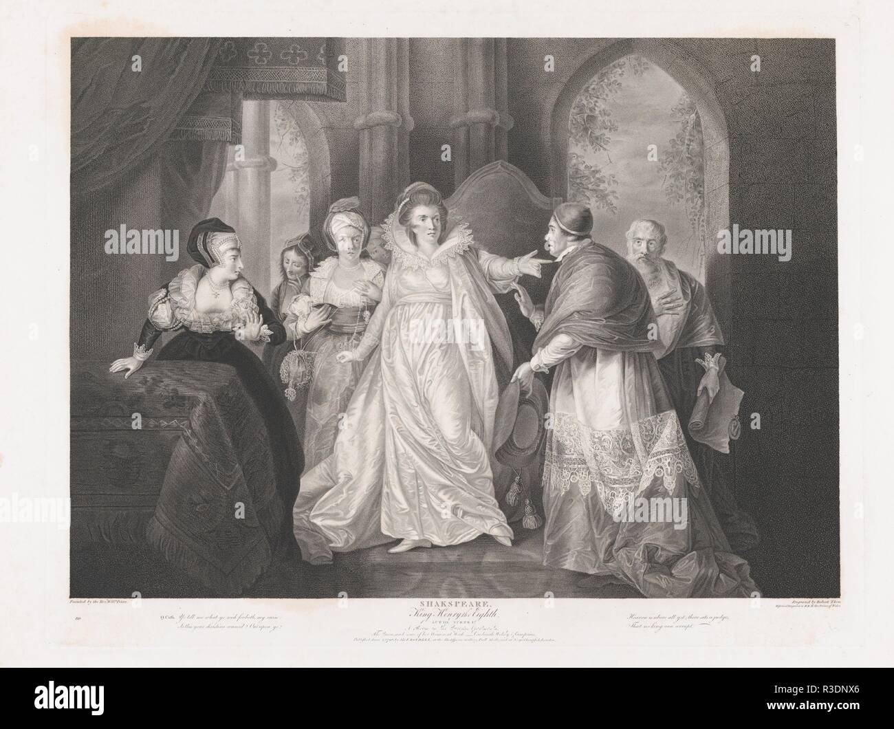 Queen Catherine, Cardinal Wolsey and Cardinal Campeius (Shakespeare, King Henry VIII, Act 3, Scene 1). Artist: After Matthew William Peters (British, Freshwater, Isle of Wight 1742-1814 Brasted, Kent). Dimensions: Plate: 19 1/2 × 25 in. (49.5 × 63.5 cm)  Sheet: 21 7/8 × 27 15/16 in. (55.5 × 70.9 cm). Engraver: Robert Thew (British, Patrington 1758-1802 Stevenage). Publisher: John & Josiah Boydell (British, 1786-1804). Series/Portfolio: Boydell's Shakespeare Gallery. Subject: William Shakespeare (British, Stratford-upon-Avon 1564-1616 Stratford-upon-Avon). Date: 1796. Museum: Metropolitan Museu Stock Photo