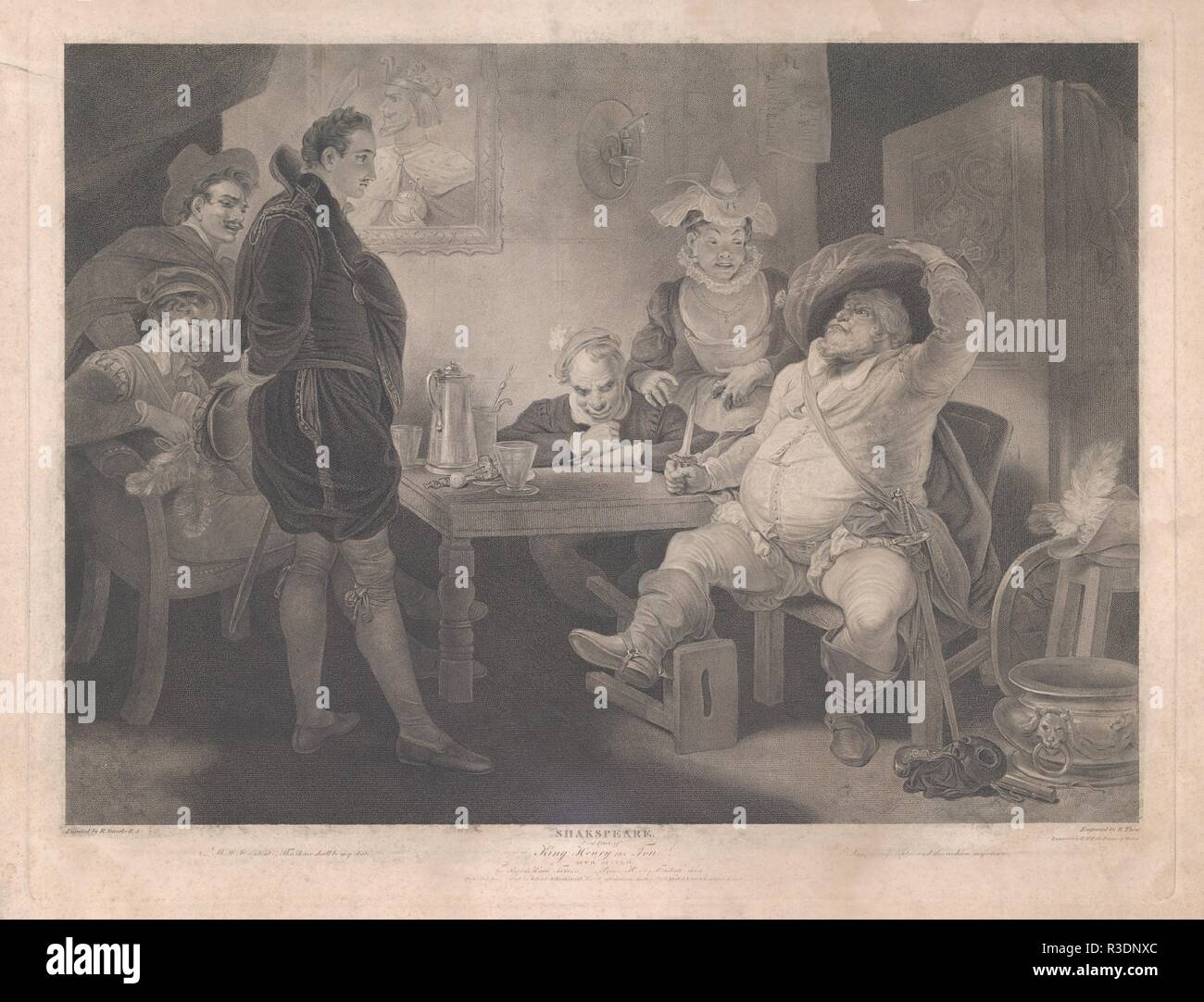 Falstaff, Prince Henry and Poins at the Boar's Head Tavern (Shakespeare, King Henry the Fourth, Part 1, Act 2, Scene 4). Artist: After Robert Smirke (British, Wigton, Cumberland 1752/53-1845 London). Dimensions: Plate: 19 11/16 × 25 3/16 in. (50 × 64 cm). Engraver: Robert Thew (British, Patrington 1758-1802 Stevenage). Publisher: John & Josiah Boydell (British, 1786-1804). Series/Portfolio: Boydell's Shakespeare Gallery. Subject: William Shakespeare (British, Stratford-upon-Avon 1564-1616 Stratford-upon-Avon). Date: 1796. Museum: Metropolitan Museum of Art, New York, USA. Stock Photo