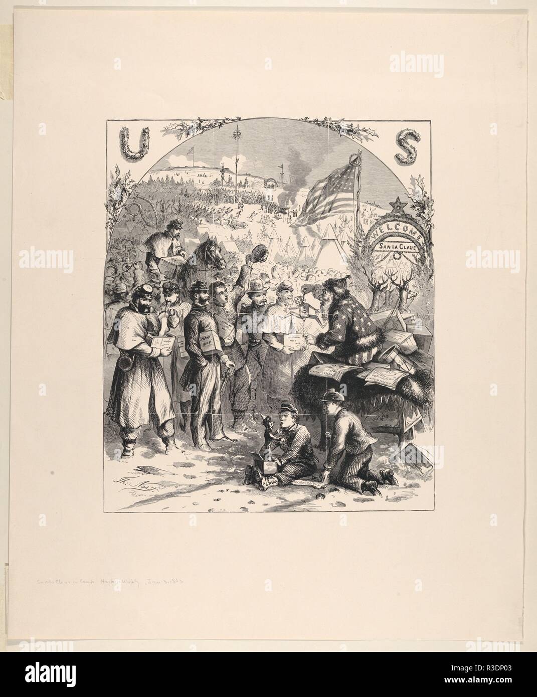 Santa Claus in Camp (published in Harper's Weekly, January 3, 1863). Artist: Thomas Nast (American (born Germany), Landau 1840-1902 Guayaquil). Dimensions: Image: 10 3/4 × 9 1/8 in. (27.3 × 23.1 cm)  Sheet: 17 1/4 × 14 1/8 in. (43.8 × 35.9 cm). Date: 1863 (?).  Nast's image was published in the 1862 Christmas issue of Harper's Weekly, during days filled with both trials for the Union and rising hope. Santa Claus has arrived by sleigh in a Union army camp to distribute gifts. This was the moment that Nast conceived and introduced our modern image of Santa Claus. Combining European traditions of Stock Photo