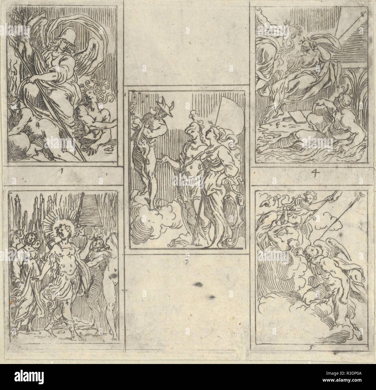 Five numbered scenes, each after a painter in the Accademia Degl'Incamminati, from IL FUNERALE D'AGOSTINO CARRACCIO FATTO IN BOLOGNA SUA PATRIA DAGL'INCAMINATI Academici del Disegno: 1. Virtue vanquishing Envy and Fortune, painted by Giulio Cesare Parigino; 2. Apollo and the Muses at the tomb of Agostino Carracci, painted by Luigi Valesio; 3. Mercury pointing to a constellation with the personification of Painting and that of the city of Bologna, Felsina, painted by Aurelio Benelli; 4. Personification of Painting being comforted by Poetry, and the personification of a river at right, painted b Stock Photo