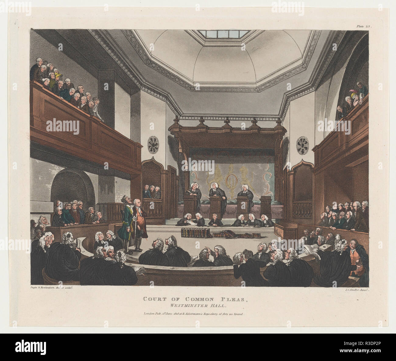 Court of Common Pleas, Westminster Hall (Microcosm of London, plate 23). Artist: Designed and etched by Thomas Rowlandson (British, London 1757-1827 London); Designed and etched by Auguste Charles Pugin (British (born France), Paris 1768/69-1832 London); Aquatint by Joseph Constantine Stadler (German, active London, 1780-1822). Dimensions: Sheet: 9 9/16 × 11 1/4 in. (24.3 × 28.6 cm). Publisher: Rudolph Ackermann, London (active 1794-1829). Series/Portfolio: Microcosm of London. Date: June 1, 1808. Museum: Metropolitan Museum of Art, New York, USA. Stock Photo