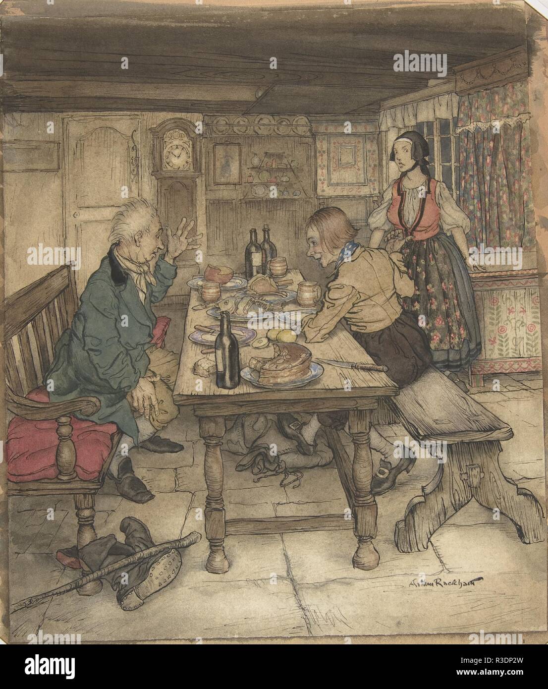 The Farmer's Supper. Artist: Arthur Rackham (British, London 1867-1939 Limpsfield, Surrey). Author: Hans Christian Andersen (Danish, Odense 1805-1875 Copenhagen). Dimensions: sheet: 11 1/8 x 9 9/16 in. (28.3 x 24.3 cm). Date: ca. 1932.  Rackham's great success as a children's book illustrator was founded both on his whimsical imagery and understanding of the new four-color printing process. Since the latter could effectively translate only a narrow range of hues, the artist worked in muted tones to ensure the faithful reproducion of his watercolors. Often, he made drawings much larger than the Stock Photo