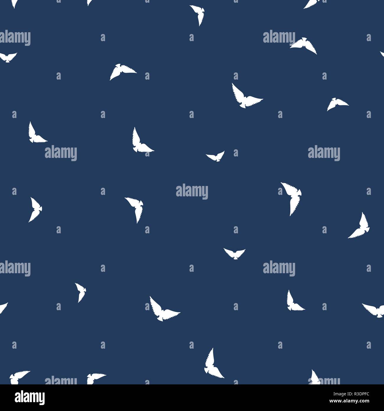 Bird seamless pattern. White birds on a dark blue background. Vector illustration. Stock Vector