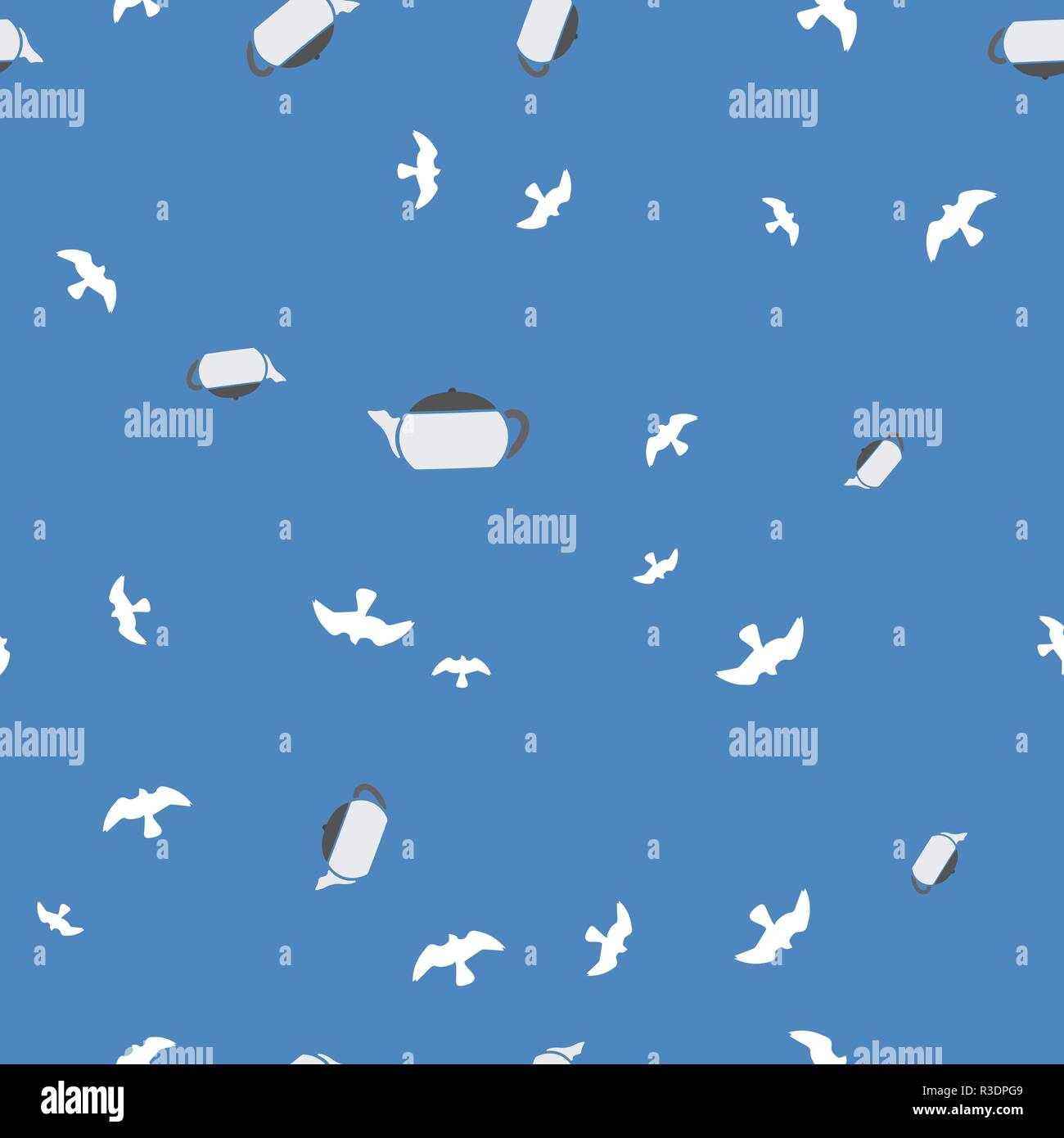 Teapot and bird seamless pattern. Vector illustration. Blue background. Stock Vector