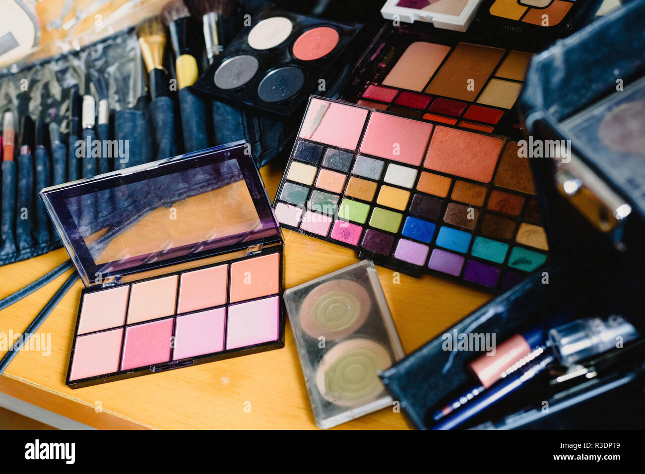 Cosmetics set, palette of eyeshadows, lipsticks, brushes, blush Stock