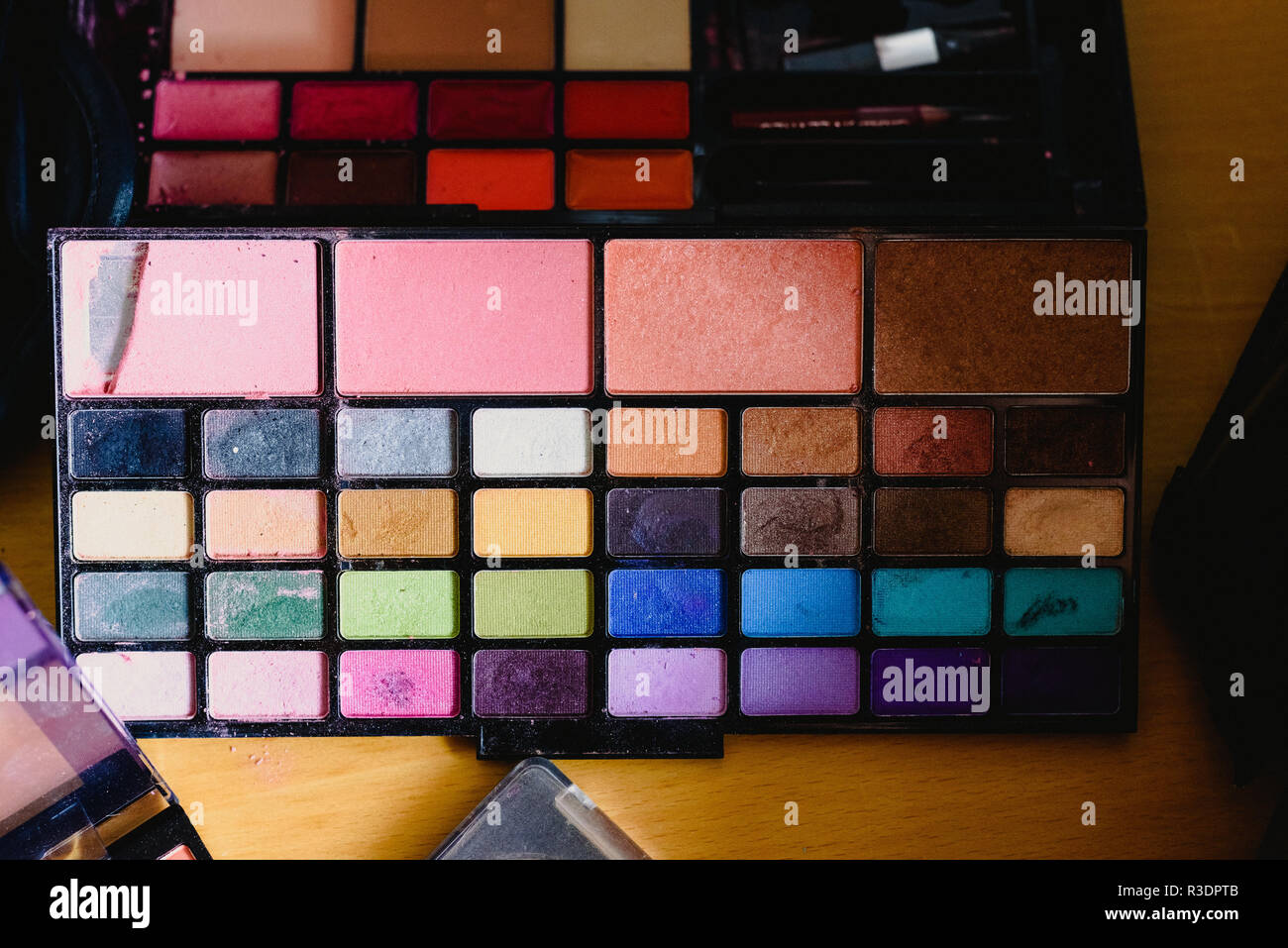 Cosmetics set, palette of eyeshadows, lipsticks, brushes, blush Stock