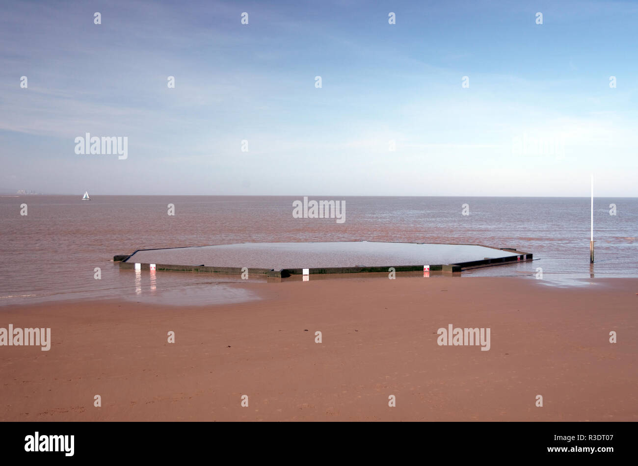 Burnham on Sea beach view empty with blue sky, Somerset, West Country,UK. Stock Photo