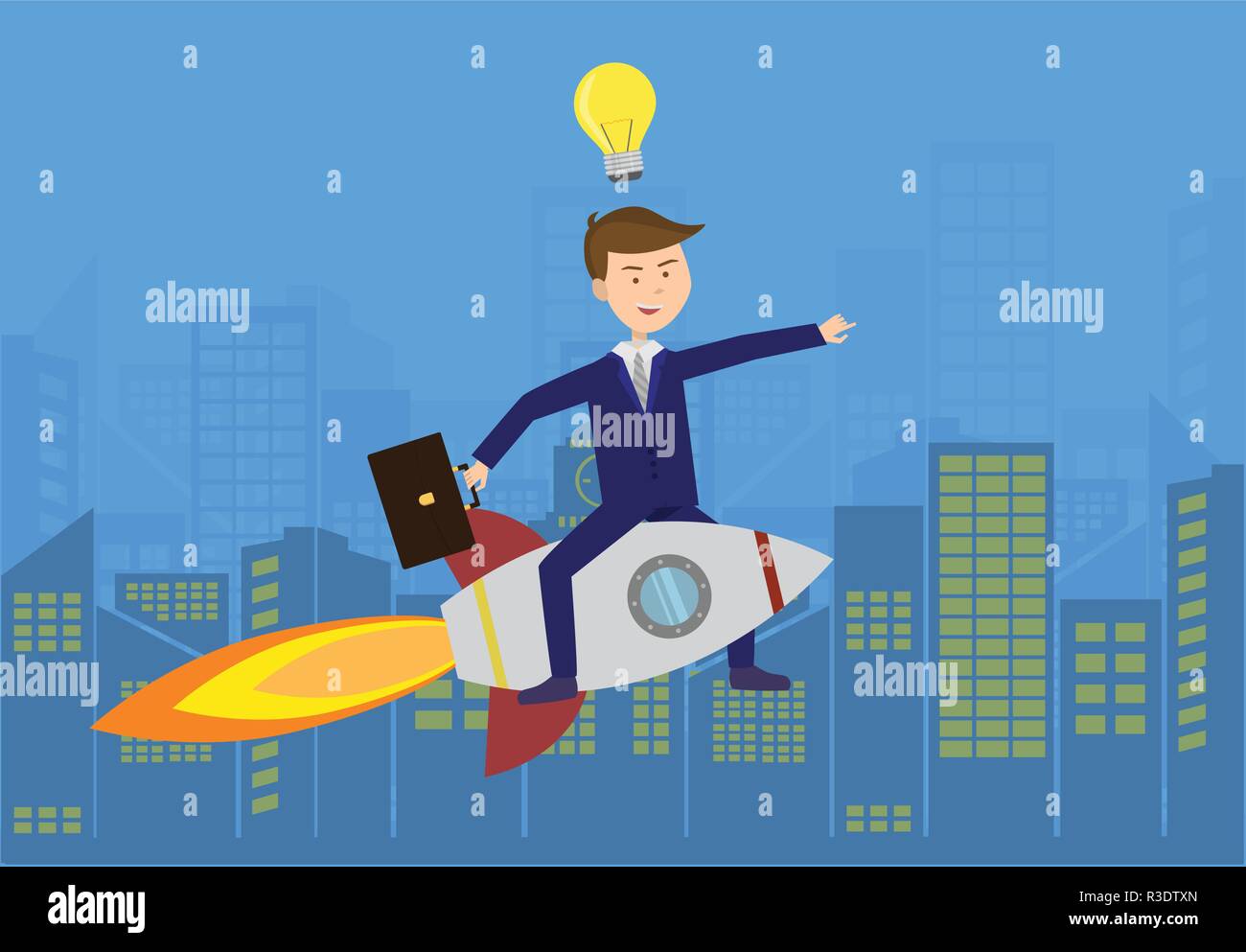 Flat Businessman flies above the city on the rocket with new idea blue ...