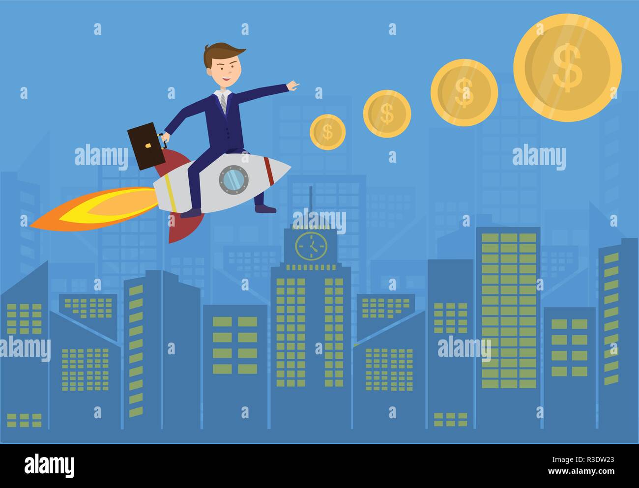 Flat Businessman flies above the city on the rocket for moneyblue ...