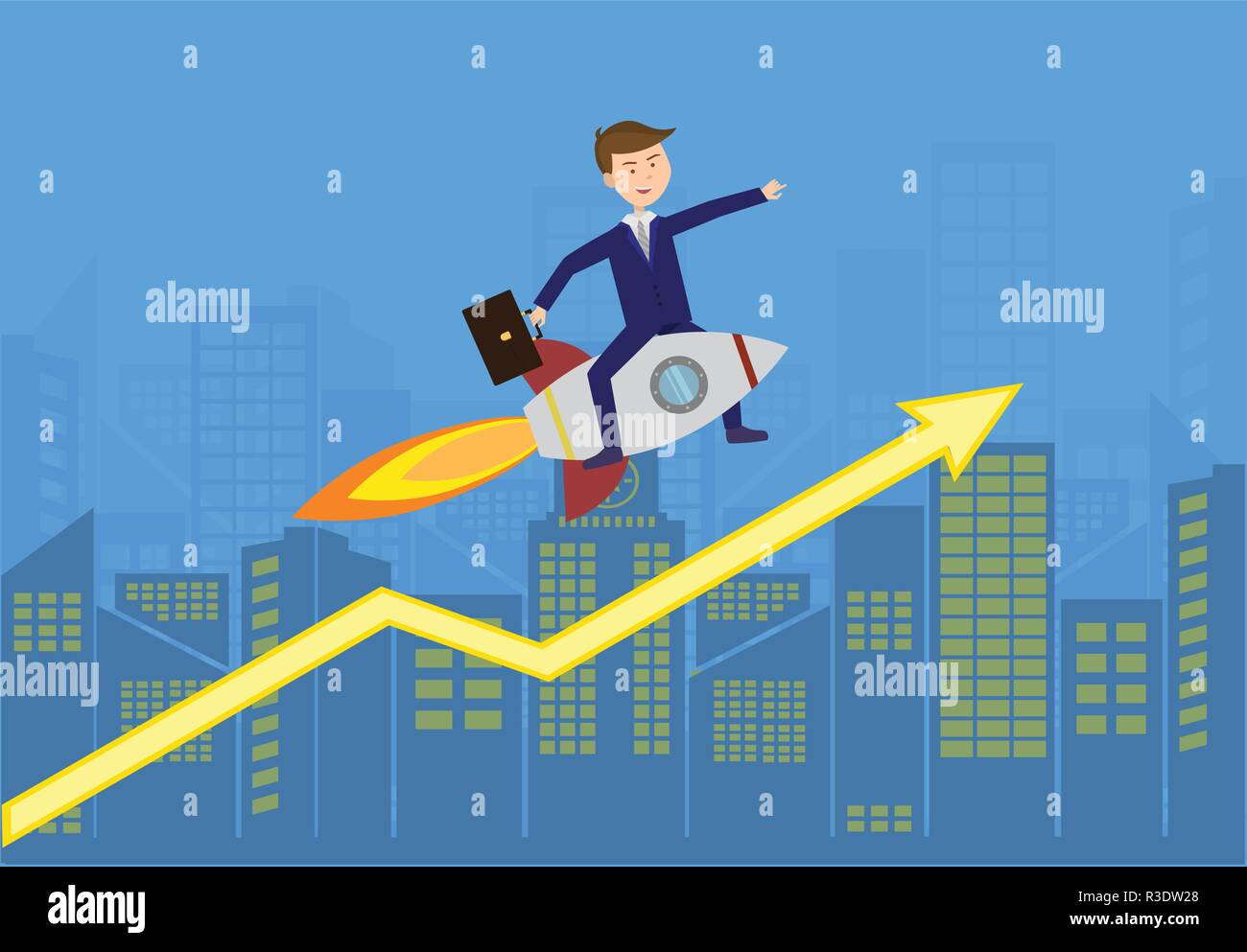 Flat Businessman flies above the city on the rocket with growth arrow ...