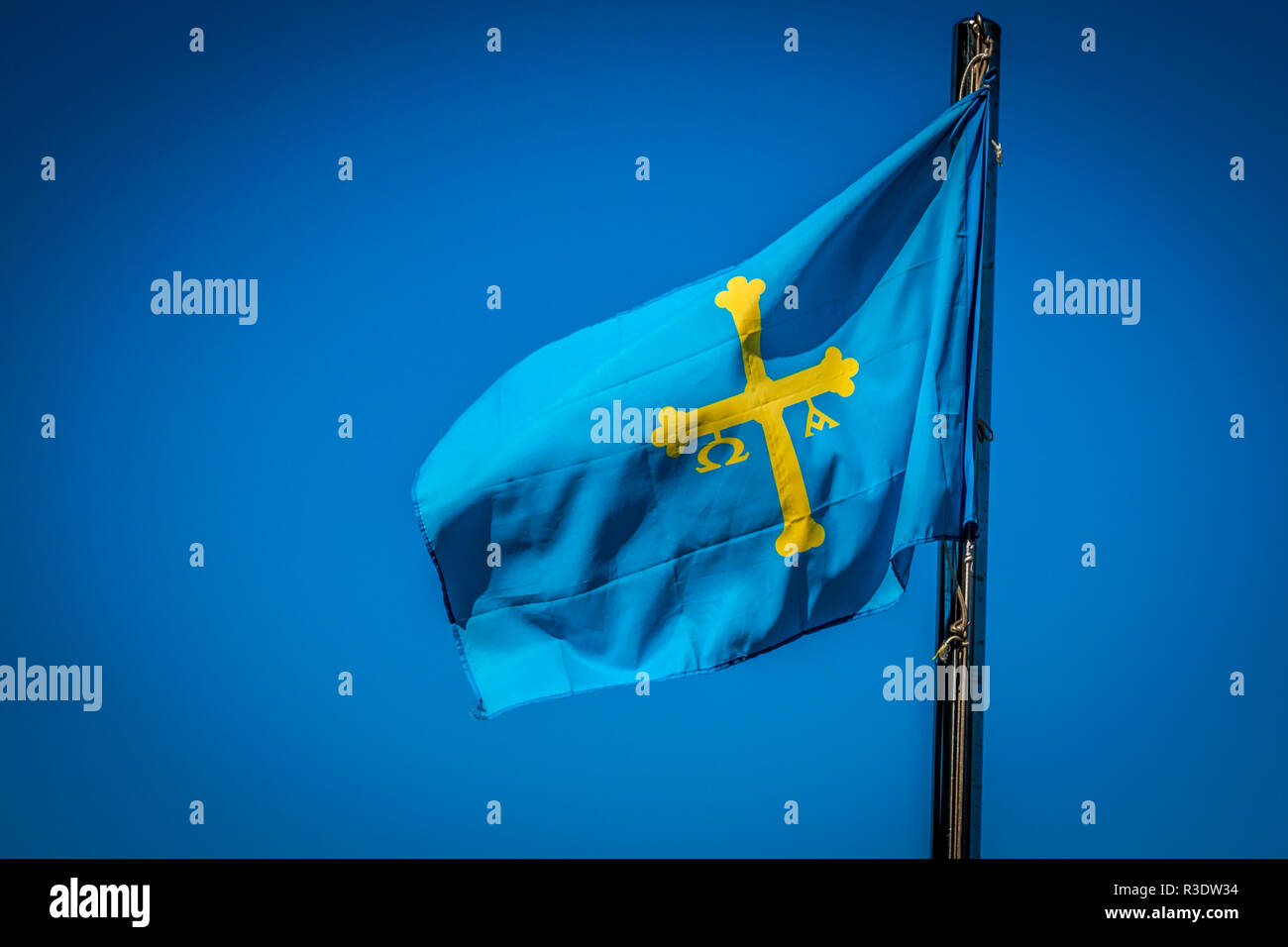flag of spanish asturias autonomous community waving in the wind detail