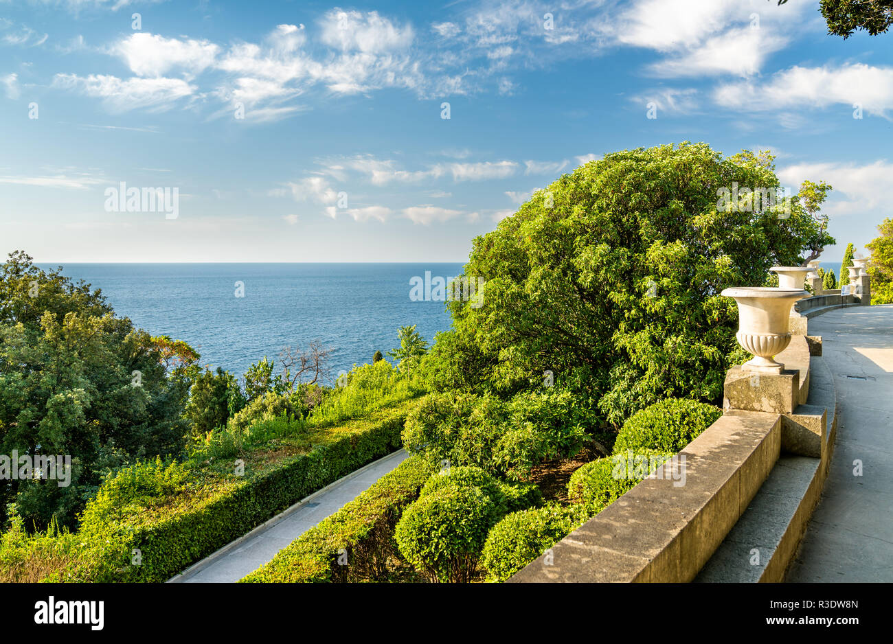 View of the Black Sea from the Vorontsov Palace in Alupka, Crimea Stock Photo