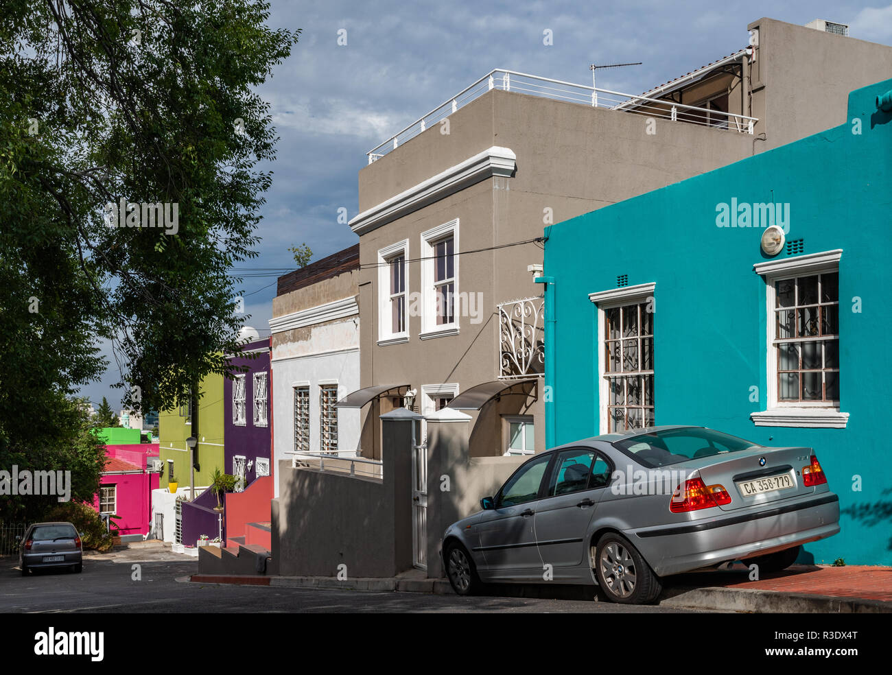Colourful houses make outside museums of these beautiful streets in Cape Town's Bo-Kaap district, South Africa Stock Photo