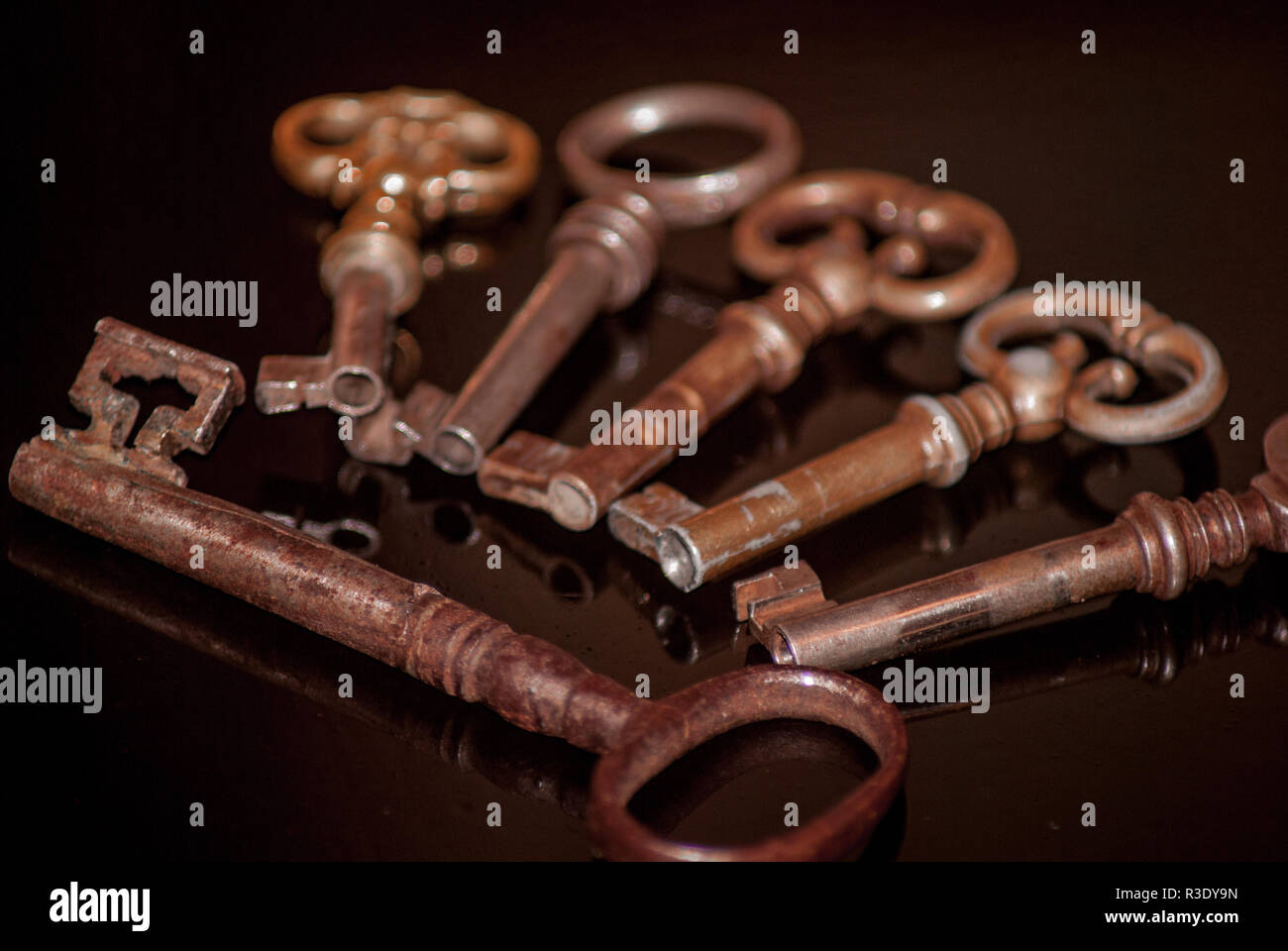 Six old rusty keys with reflections Stock Photo - Alamy