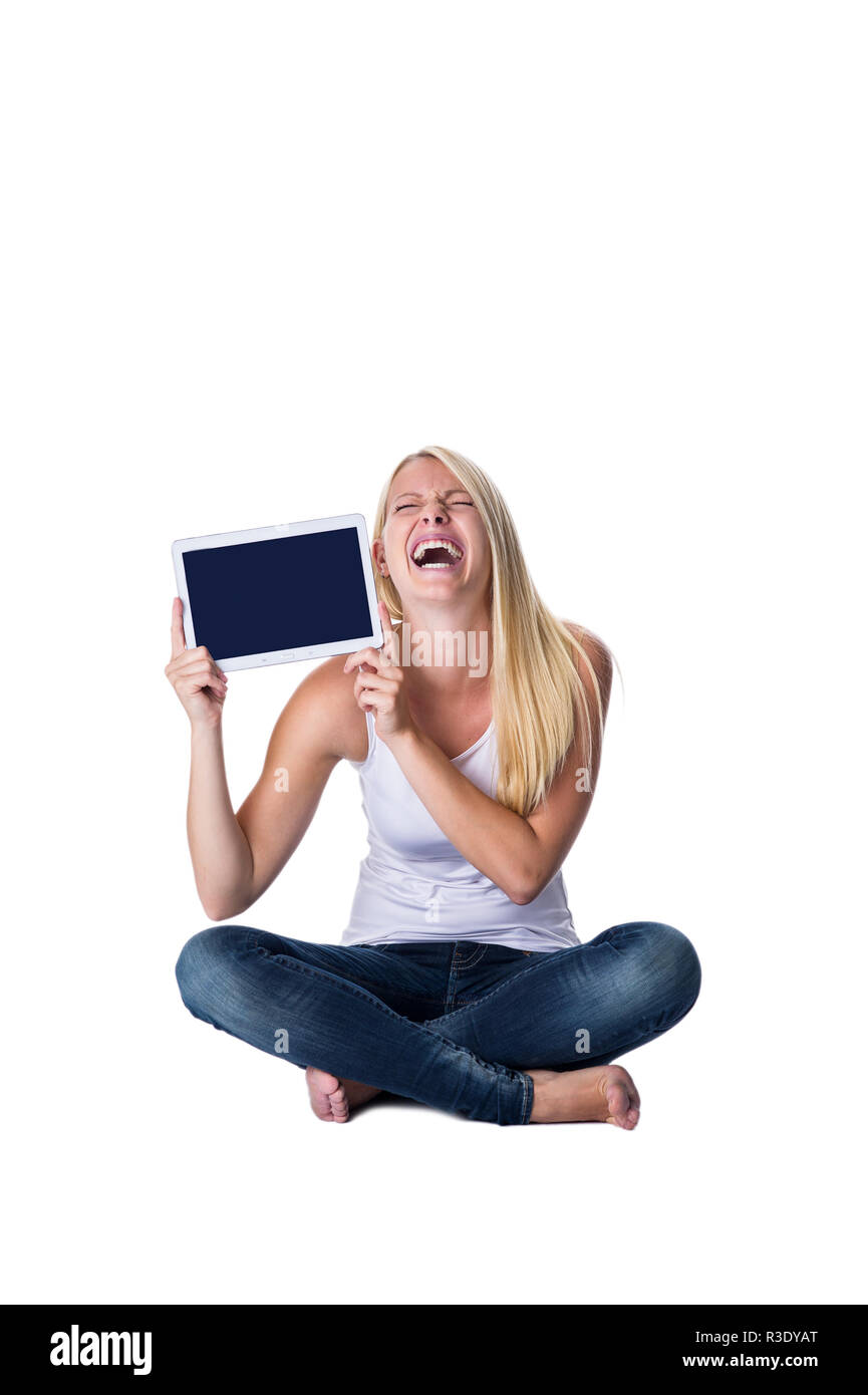 blonde with tablet in hand Stock Photo