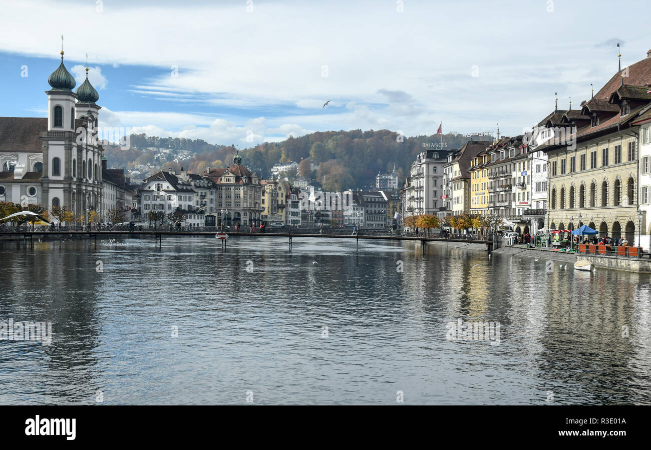 A view of Lucerne and the Old Town looking back from the timber bridge. Stock Photo