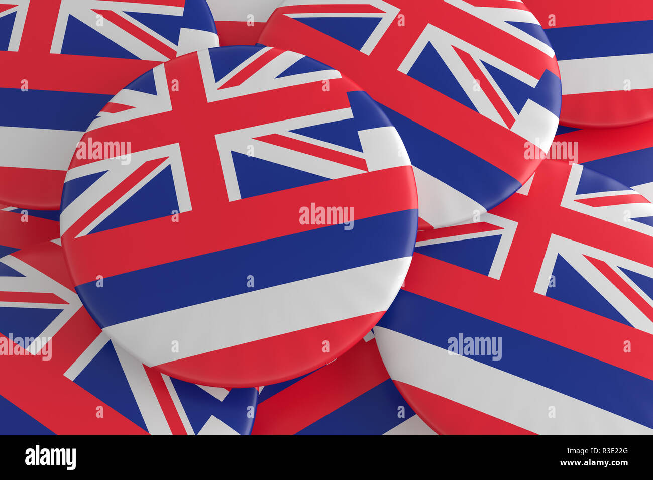 US State Buttons Pile of Hawaii Flag Badges, 3d illustration Stock