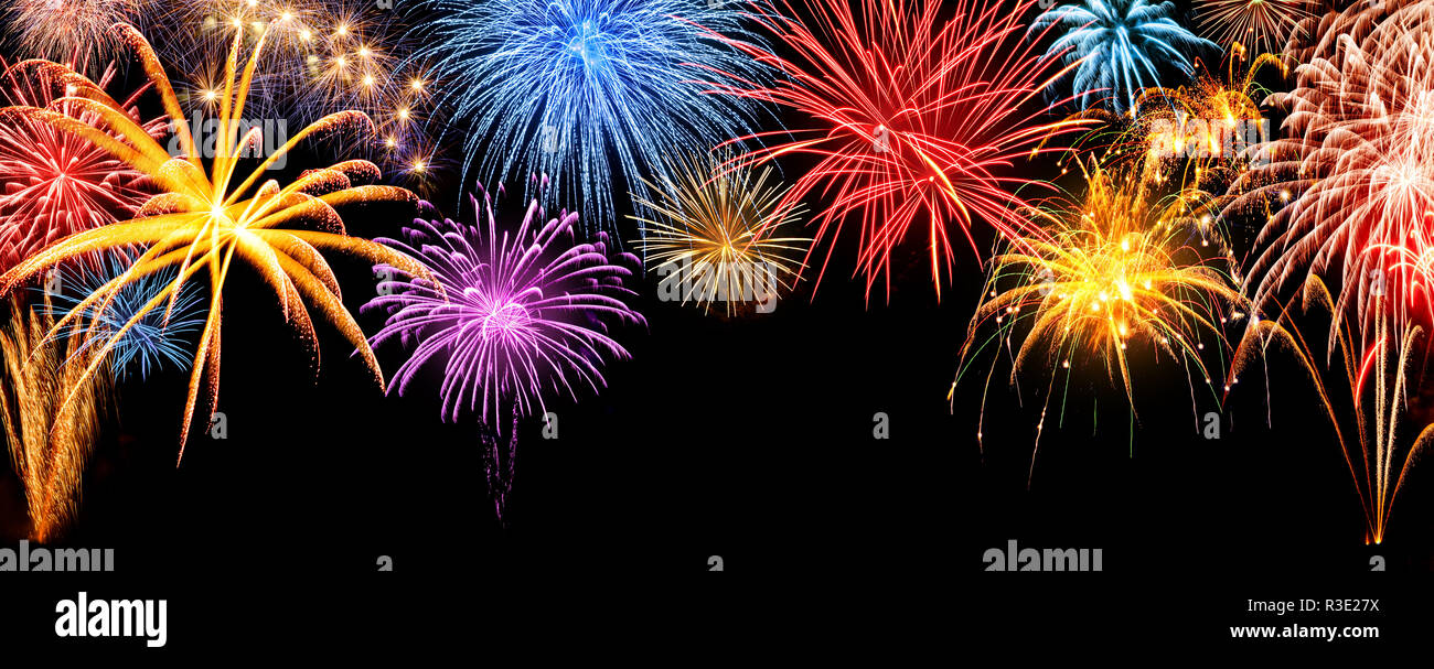 fireworks panorama on black Stock Photo