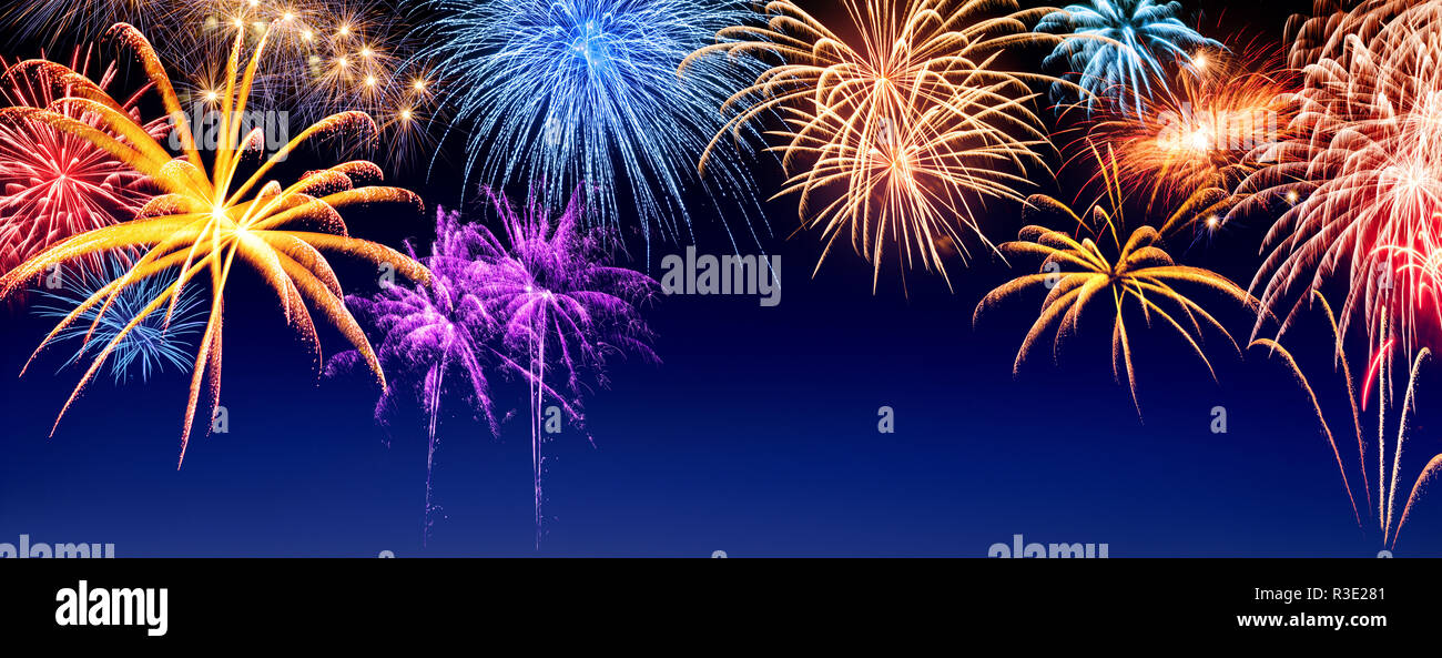 fireworks on dark blue panorama Stock Photo