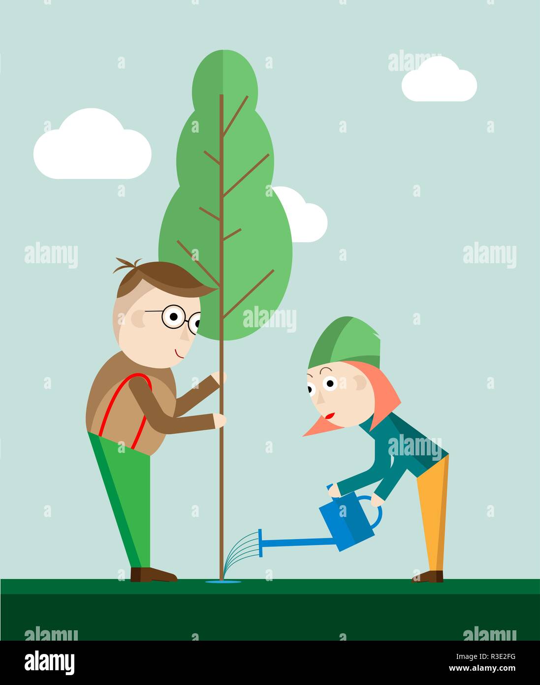 Man and woman planting trees outdoors. Vector illustrathion. Stock Vector