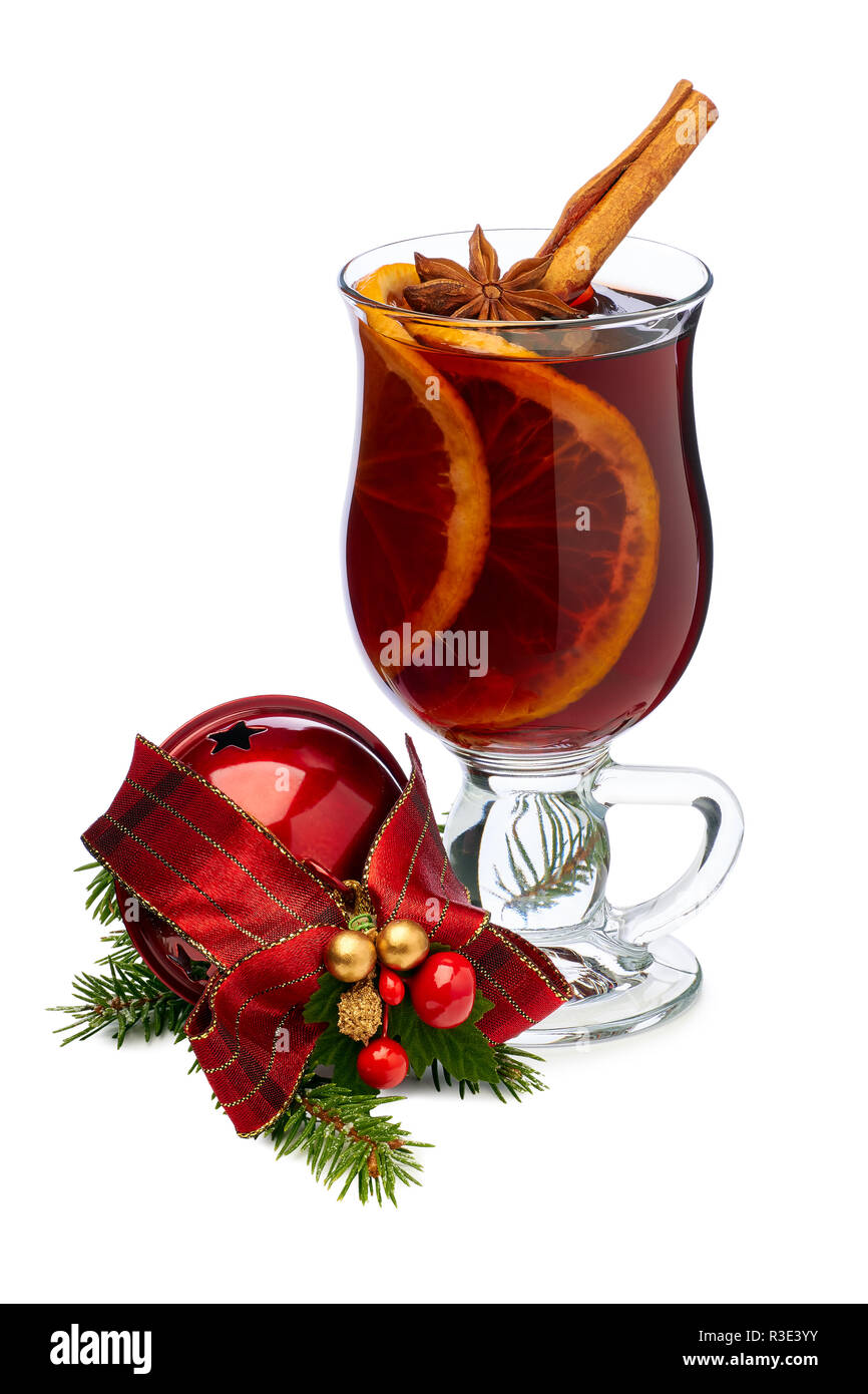 Mulled wine and Christmas decor on white Stock Photo