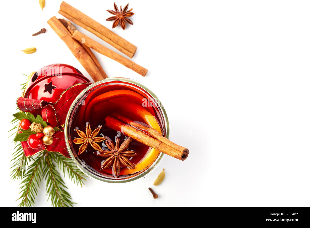Mulled wine and Christmas decor on white Stock Photo
