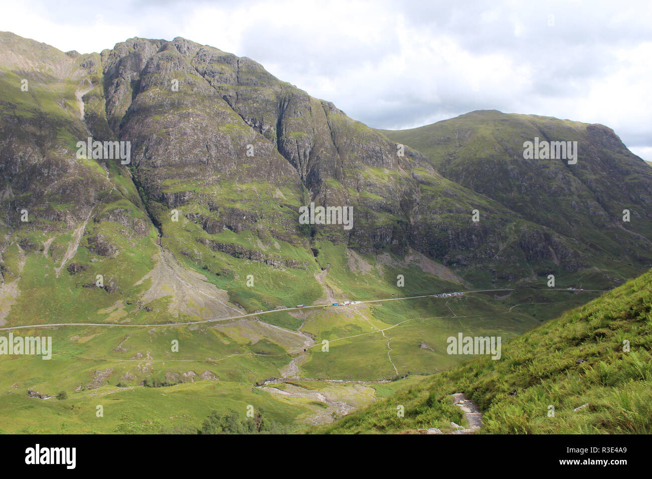 View of the famous Glencoe pass and A82 road in the Highlands of Scotland, from high above, in the summertime. Stock Photo