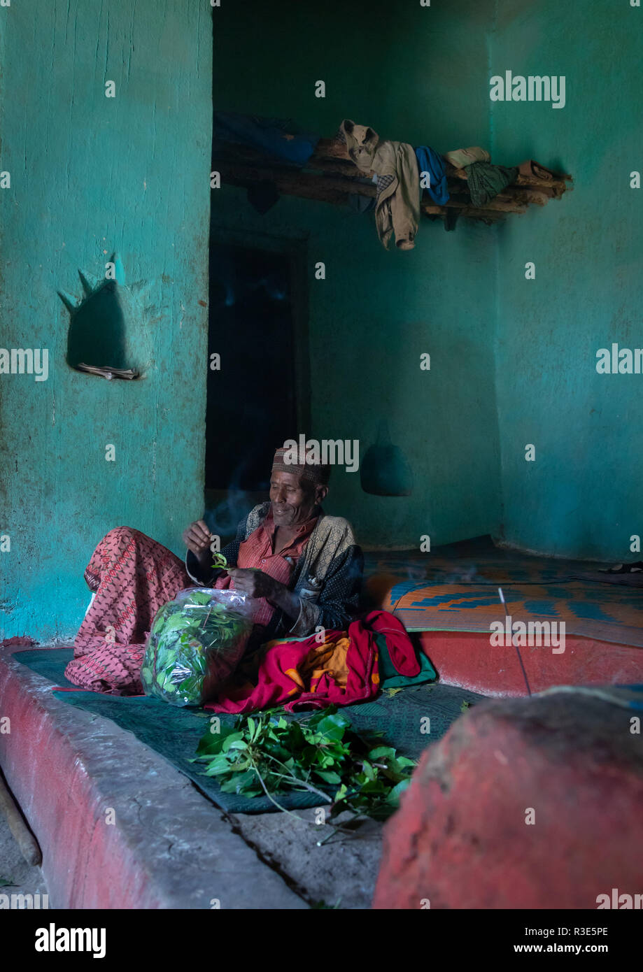 Harari man chewing khat inside an old house, Harari Region, Harar, Ethiopia Stock Photo